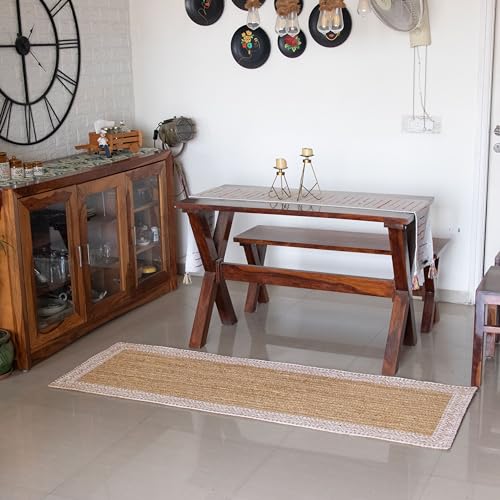 Image of voyzz home 2.6 x 6-feet Rectangular, Premium Natural Jute Braided Runner Area Rug, White Printed Border, Natural Handmade Rug for Entryways, Kitchen, Living Room, Bedroom, Farmhouse, Vintage Decor