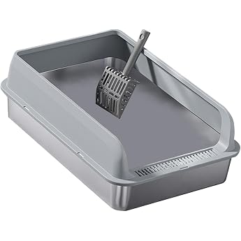 Stainless Steel Cat Litter Tray Low Entry High Side Panels Half Closed with Scoop Light Grey and Large