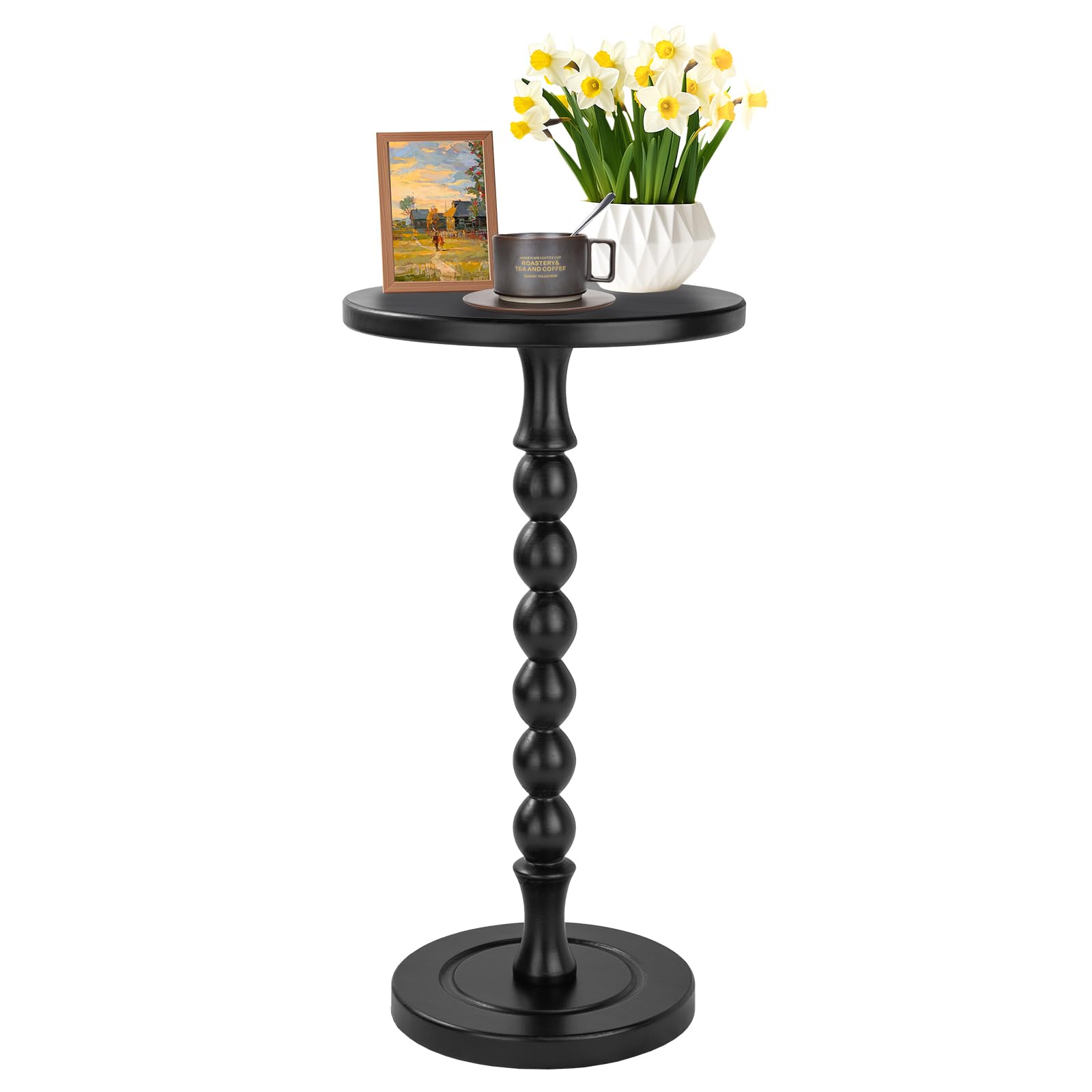 Table d'appoint Ronde pour Petits espaces, Table à Boissons avec piédestal en chêne, Table de Chevet Moderne pour Salon, Chambre, Bureau et Coins, Assemblage sans Outil, Noire