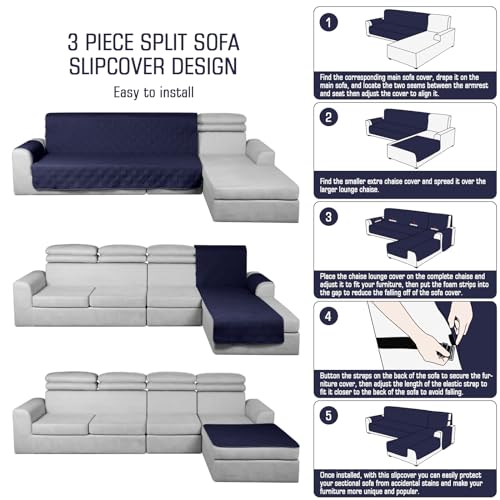 Image of TAOCOCO Waterproof Sectional Couch Covers L Shaped Sofa Covers Chaise Lounge Cover 3pcs Reversible Sofa Covers for Sectional Sofa Pet Kids Furniture Protector with Elastic Straps(Large, Navy Blue)