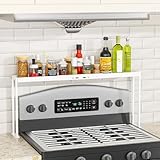 ZDDLOINP Stove Top Shelf for Curved Stove, Expand 27 to 33 Inch Spice Rack, 4 Level Adjustable Height Spice Shelf, Over the Stove Shelf for Back of Stove Spice Rack Organizer for Countertop, White