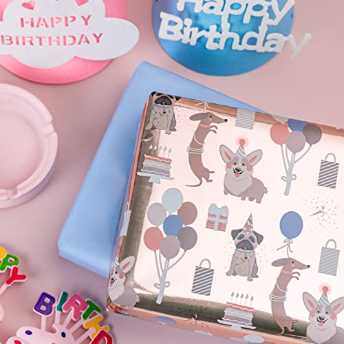 Wrapaholic Reversible Birthday Wrapping Paper - Mini Roll - 17 Inch X 33 Feet - Adorable Dogs With Metallic Foil Shine And Solid Blue For Birthday, Party, Baby Shower #TOP3
