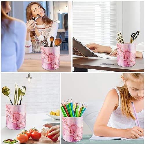 Image of Pen Holder for Women Girls, Pencil Cup Pink Desk Decor, Makeup Brush Holder Large Pu Leather Multi-Functional Organizer Cup for Office, Classroom, Home, Red Marble