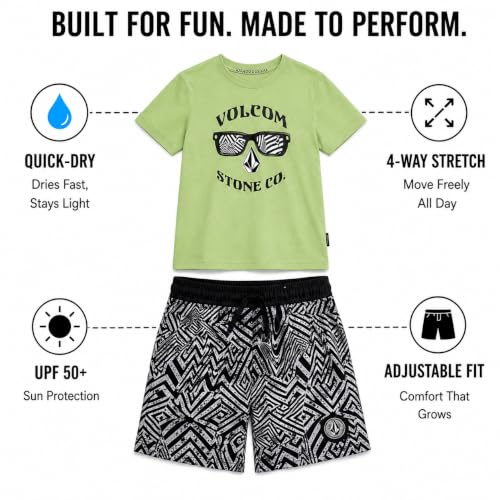 Image of Volcom Baby Boys Swim Set - 2 Piece Short Sleeve Swim Shirt Graphic Tees & Board Shorts - Infant Toddler Little Boys Swimsuit