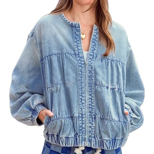 Blouson bomber court en jean pour femme veste automne sans col zippée