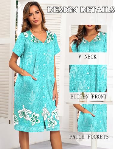 Image of Ekouaer House Dresses for Women with Pockets Button Down Nightgowns Plus Size Moo Moos Mumu Dresses Floral Print S-3XL