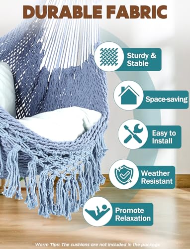 Image of Chihee Hammock Chair Handmade Woven Mesh Hanging Seat Metal Spreader Bar | Cotton Blended Rope Hanging Chair Ventilated Soft-Spun Large Stretch Hammock Swing, Elegant Macrame Indoor Outdoor Garden