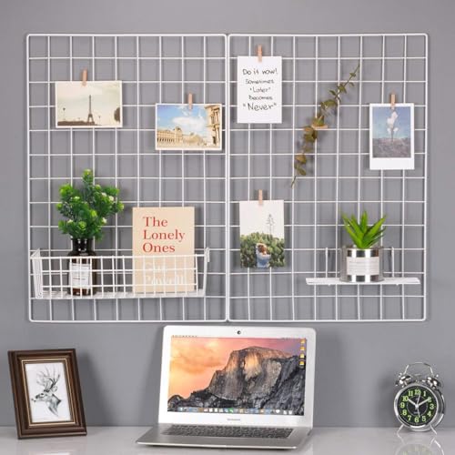 Image of Wire Grid Panels 40cm x 40cm with Clips Photo Board for Picture Display Wall Organizer steel Grid Wall Shelf for Home Office Room Decoration for Teenagers Adults Color white (pack of 1)