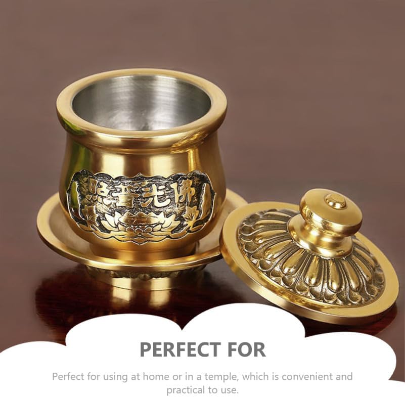 Cabilock Buddhist Water Cup 2.75 Inch Copper Offering Cup with Lid Base for Temple Decor and Home Altar Ritual Use Compact Design