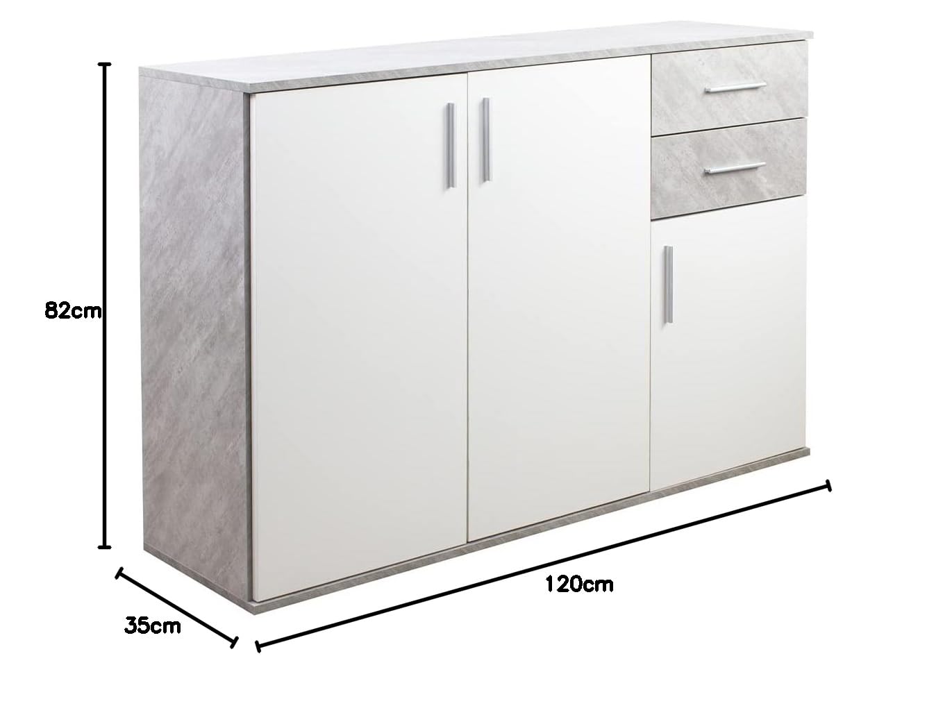 BAKAJI Madia Armadietto Armadio 3 Ante 2 Cassetti, Mobile Mobiletto Design Minimal Camera da Letto, Soggiorno, Arredamento Casa Ufficio, Resistente Robusto Multiuso (Cemento e Bianco)