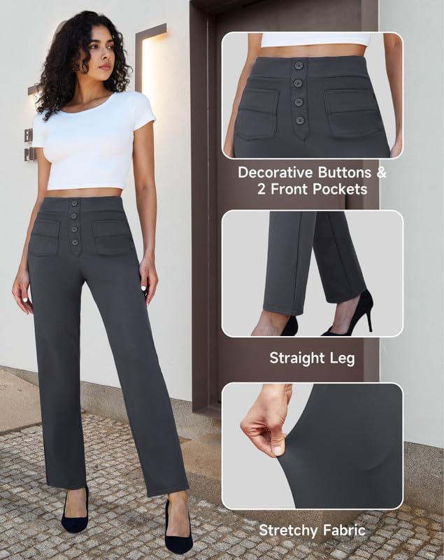 keriffe High Waist Stretchy Womens Dress Pants with Pockets Straight Leg Business Casual Work Trousers Office Slacks - Image 4