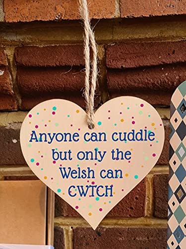 The Plum Penguin Handmade Wooden Hanging Heart Plaque Gift Cuddle Welsh Cwtch Fun Novelty Wall Hanger Decoration Friendship Family Love