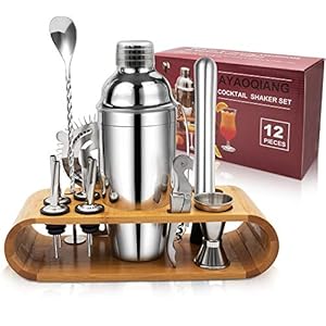 Cocktail Set, Edelstahl Cocktail Shaker Bar Set, 12 Stück Cocktailmixer Set mit Holzständer, Messbecher und Bar Löffel…