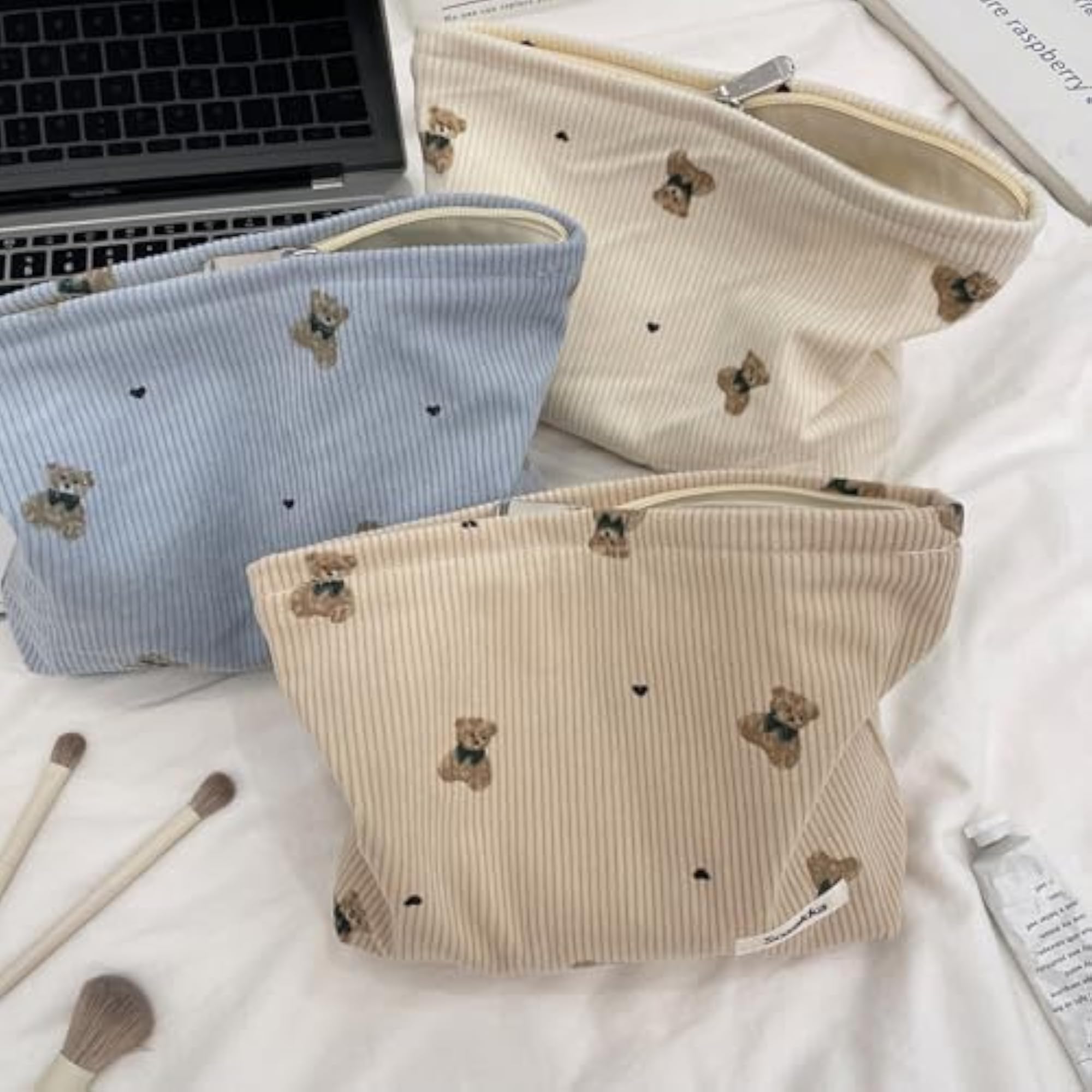 Corduroy Travel Makeup Bag with Bear Pattern, Cosmetic Bag for Women
