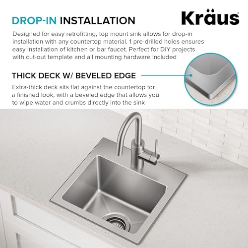 KRAUS Fairlane 15-inch Drop In/Top Mount Single Bowl 18-Gauge Stainless Steel Kitchen Bar Sink, KHT631-15 - image 7