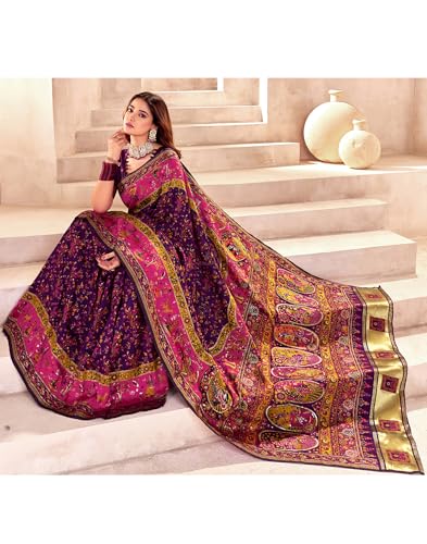 Image of SIRIL Women's Silk Kashmiri Minakari Jacquard Saree With Unstitched Blouse Piece