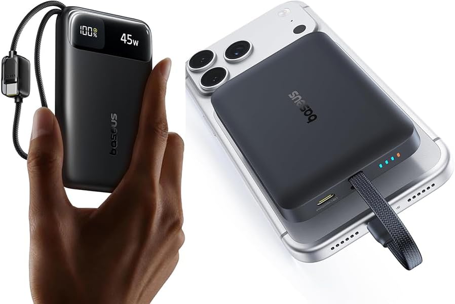 Baseus 45W Ultra Slim 10000mAh Power Bank Built-in USB-C Cables Bundle with 10,000mAh 30W Magnetic Portable Charger, Fast Charging Wireless Battery Pack with Built-in Braided USB-C Cable