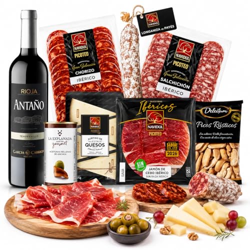 Familycom Cesta Gourmet con Ibéricos Navidul para Regalar - Surtido de Jamón Ibérico, Quesos, Embutidos, Aceitunas, picos, Vino tinto - Regalos originales mujer y hombre