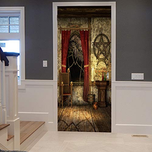 A.Monamour Sticker Porte Autocollant Poster de Porte 3D Vintage Vieux Symbole De Pentagramme Chambre Maison Médiévale Gothique Vinyle Affiche de Porte Sticker Mural Papier Peint Art Décor 83 x 204 cm