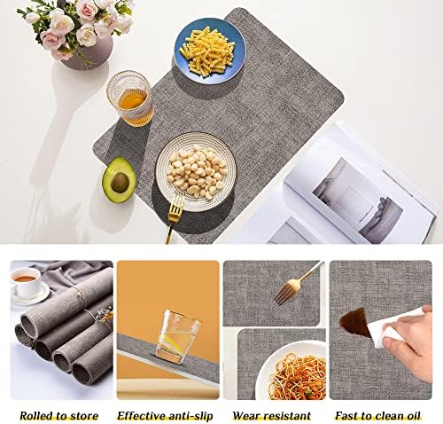Purejoy Placemats and Coaster Sets 6 Table Mats PU Leather Heat-Resistant Washable and Non-Slip 43*30 cm Dinner Table Mats Set of 6 for Kitchen Mat Table Indoor Outdoor (Light Grey)
