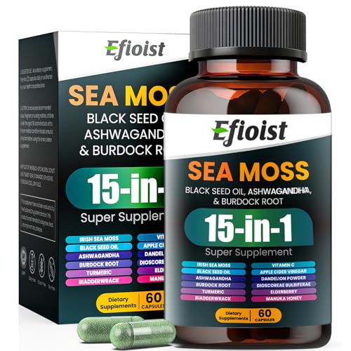 Sea Moss Black Seed Oil Ashwagandha Ginger & Burdock Root Turmeric Bladderwrack Chlorophyll ACV Supplement 60 Count