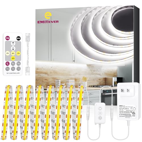 EMITEVER COB LED Strip Lights Kit White with Remote & 24V Power Supply,16.4ft Dimmable Tape Light 5000K, High Density 2400LEDs, 300+LM/FT, CRI90+, UL Listed for Bedroom Kitchen Cabinet Lighting