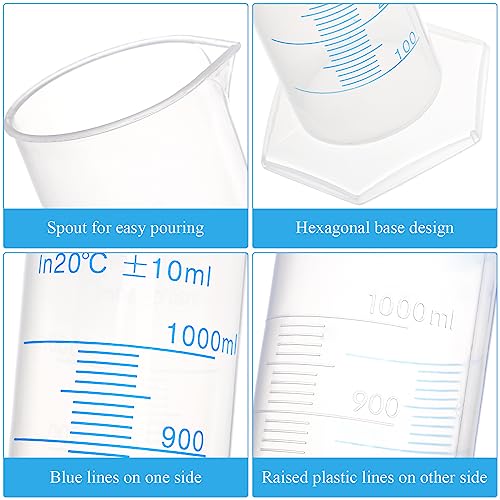 image for Bekith 4 Pack 1000ml Plastic Graduated Cylinder with Stable Base, Plas