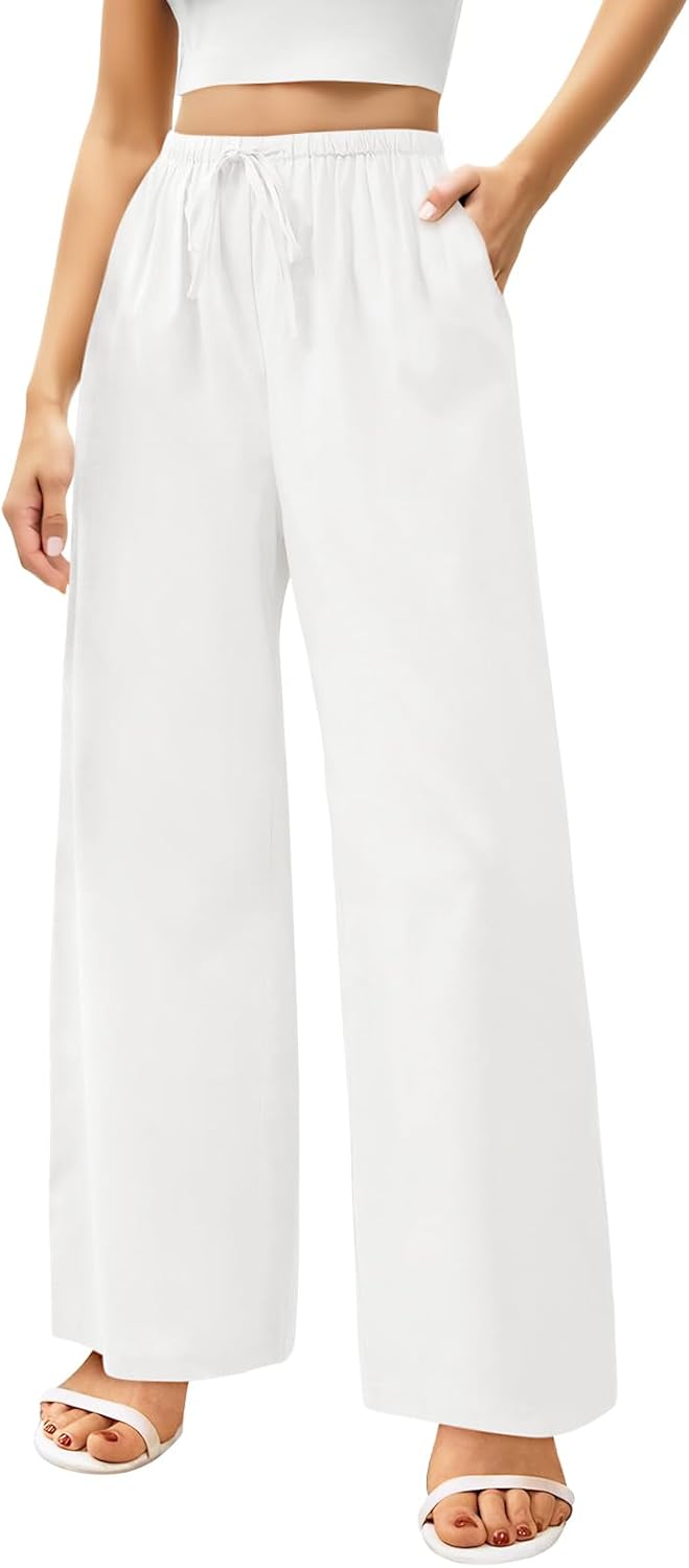 Linnen broek voor dames, hoge taille, stretch, losse zomerbroek, los, comfortabele linnen stoffen broek, chino, mousseline, palazzobroek, stoffen broek, casual effen broek, joggingbroek met zakken en