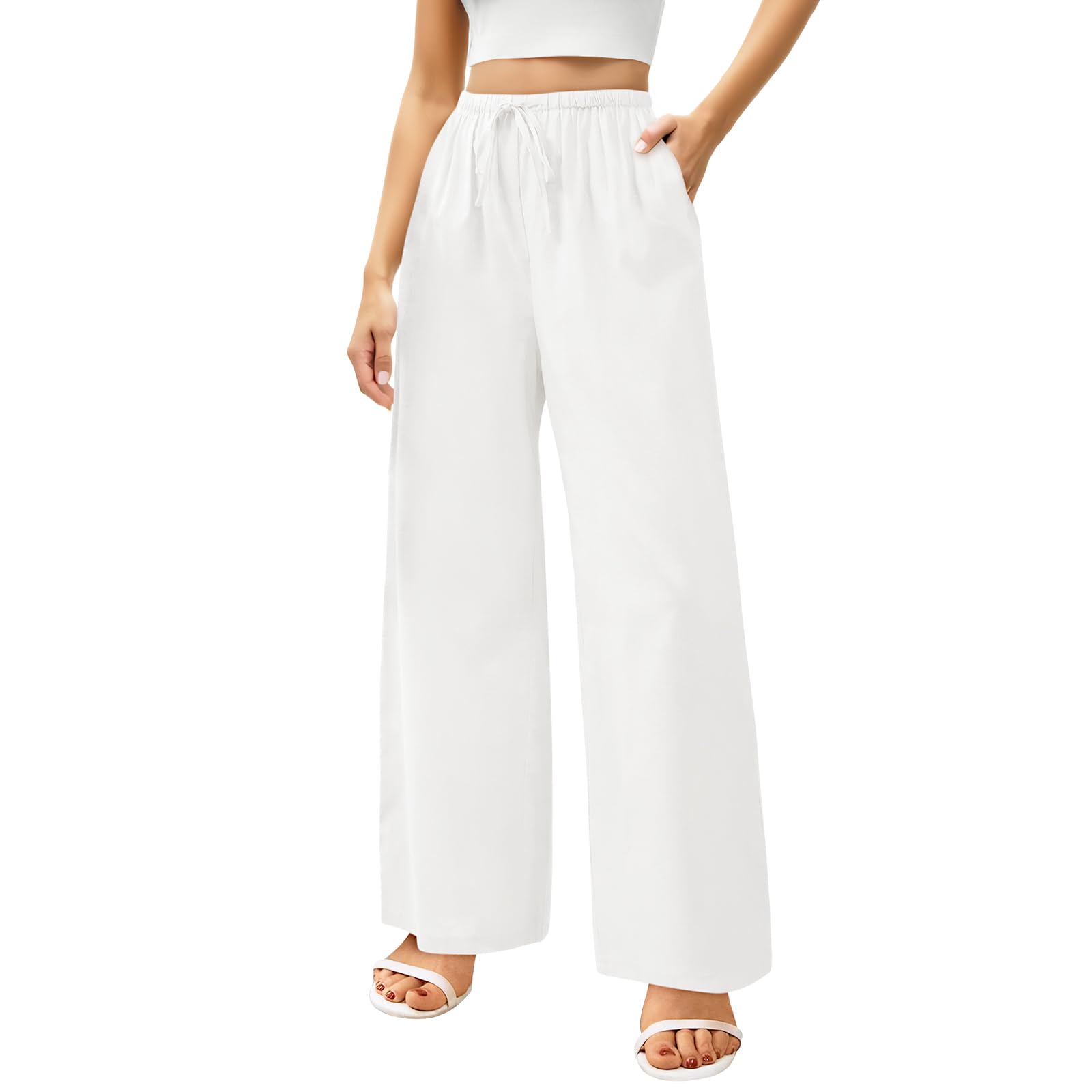 Voqeen Palazzo Damesbroek, zomer, licht, casual, wijde broek, vrijetijdsbroek, elegant, effen, marlenebroek, brede pijpen, broek met hoge taille, elastische zakken, trekkoord, legergroen, S