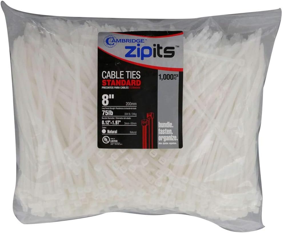 Cambridge ZipIts Nylon 6/6 UL Listed Cable Ties 8in 75 75