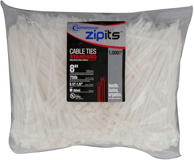 Cambridge ZipIts Nylon 6/6 UL Listed Cable Ties 8in 75 75