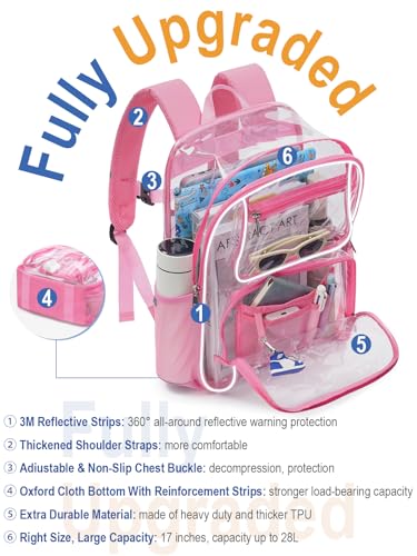 Image of Heavy Duty Clear Backpack For Kids Women Men Boys Girls, 17 Inch Large See Through Backpack, 360 3M Reflective Strips Clear Bookbag, Transparent Bag For School College Sport Work Security, Pink