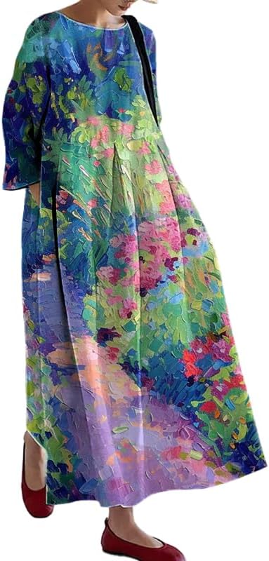 Floral Plus Size Dress for Women Maxi Loose Fit Summer Fall Trendy Casual Crew Neck Dress