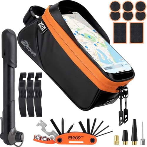 Bicycle Phone Frame Repair Bag with Tire Patch and Inflate Pump - Portable Travel Emergency Tool...
