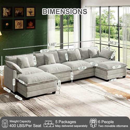 Image of 146 inch Cloud Couch Sectional Modular Sofa, Deep Seat Couches with Ottoman and Removable Washable Pillows for Living Room, Bedroom, Apartment, Light Grey