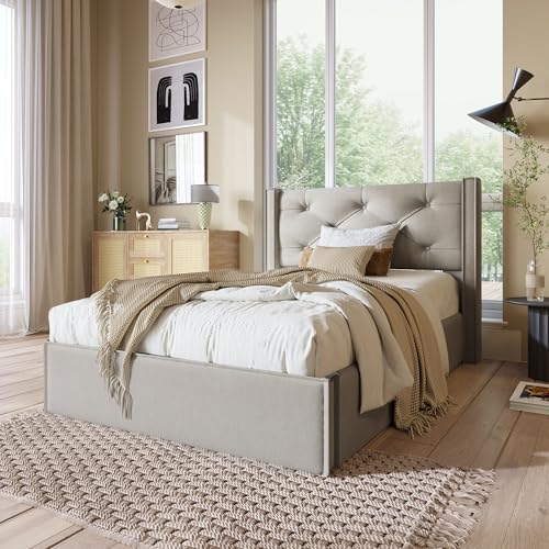 ZKLOEP Cama individual acolchada hidráulica de 90 x 200 cm, cama con somier de láminas de metal, moderno marco de cama con espacio de almacenamiento, algodón, gris claro