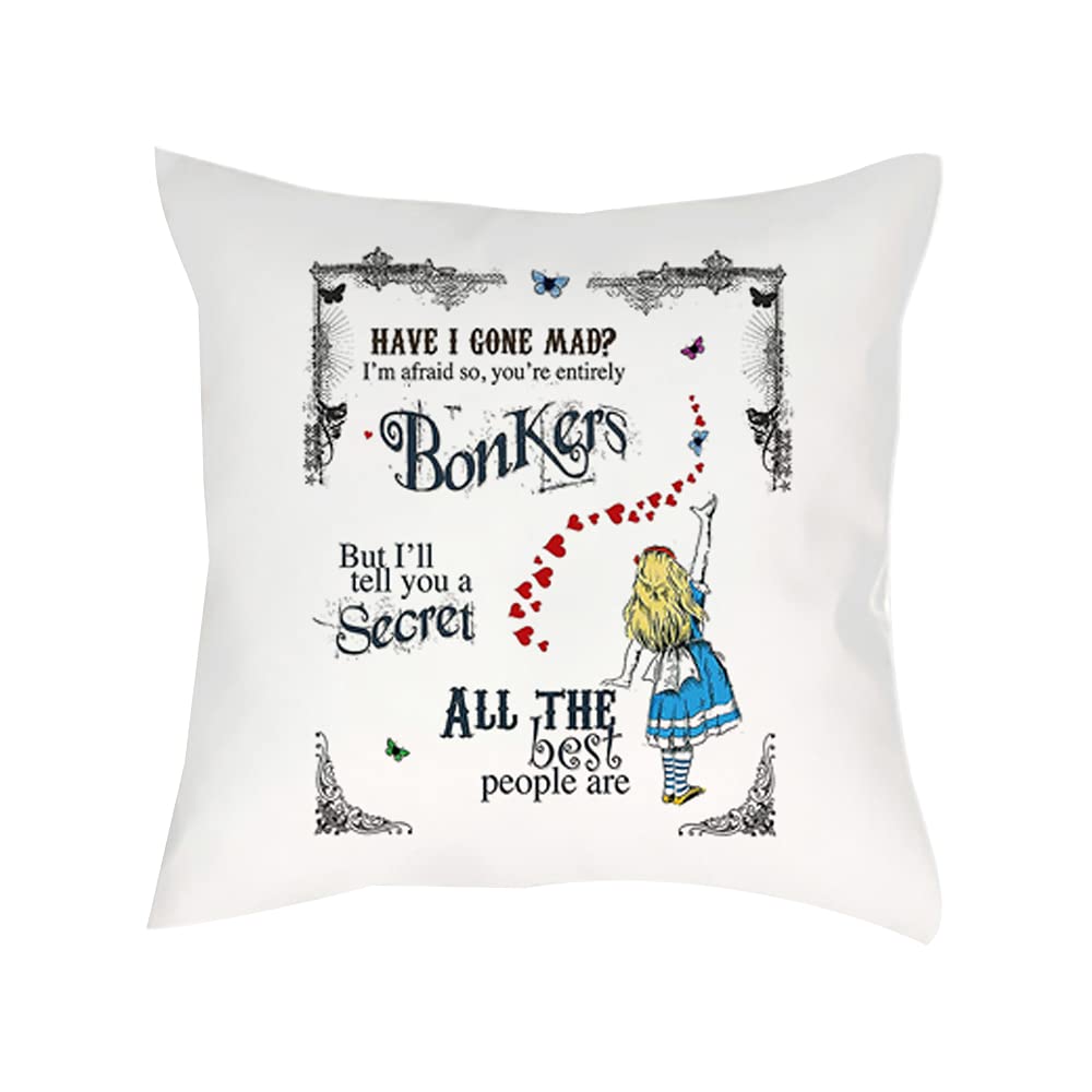Alice in Wonderland Have I Gone Mad Birthday Gift Secret Santa Bonkers Hearts Home Decor Satin Cushion, Throw Pillow/Cushion. (Satin Cushion Cover)