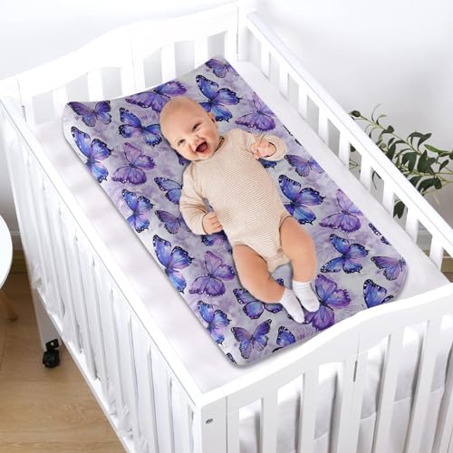 Image of Purple Butterfly Changing Pad Covers Changing Table Cover for Baby Boys and Girls Soft Breathable Changing Pad Sheets Cover Soft Breathable