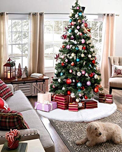 Aogu 48 Inch Faux Fur Christmas Tree Skirt White Plush Skirt And 86 Pcs Christmas Balls Ornaments #TOP5