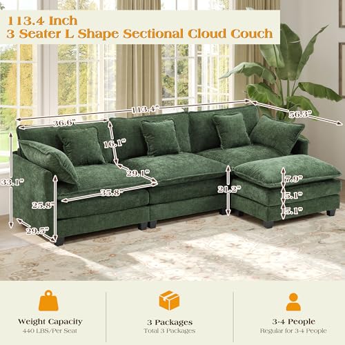Image of 113.4 inch Modular Sectional Sofa,L Shaped Couch for Living Room,Modern Deep Seat Sofa 3 Seater Chenille Fabric Comfy Cloud Couches with Throw Pillows & Movable Ottoman