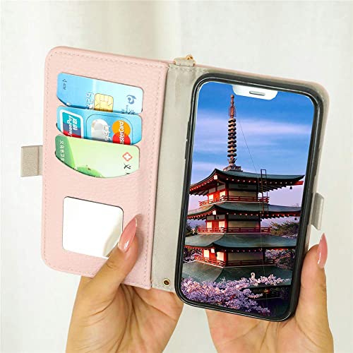 iPhone 14 ケース 手帳型 かわいい アイフォン 14 対応 手帳型ケース マグネット式 ストラップ付き 薄型 全面保護 ミラー付き 財布型 かわいい おしゃれ[ピンク]