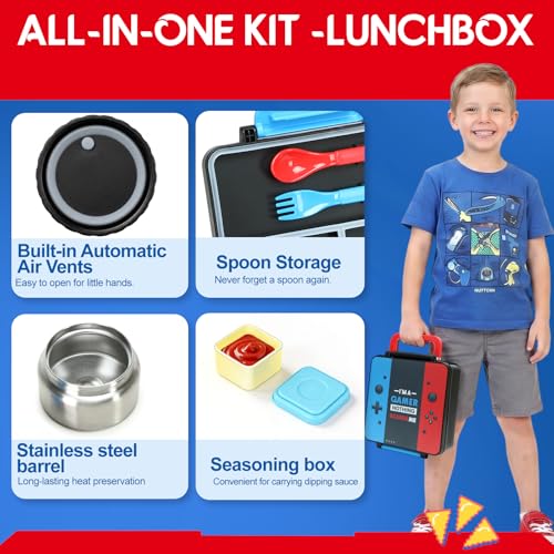 Image of Bento Lunch Box for boys,60 OZ Insulated Bento Lunch Box with 8OZ Leakproof Leak Proof Thermos Food Jar, 3-4 Compartments Bento Box for School, BPA-Free Dishwasher Safe (I AM A GAMER)