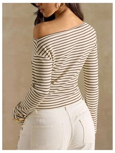 Image of RoseSeek Women's Striped Off The Shoulder Tops Long Sleeve Elegant Tshirts