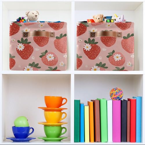 Image of Aslsiy Storage Basket - Fresh Strawberry Pink Nursery Bins Baby Box Canvas Clothes Shelf Laundry Hamper Gift Basket for Home Closet - 1 Pcs