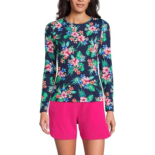 Lands' End Women's Sunshade UPF 50 Long Sleeve Relaxed Rash Guard X-Small Petite Deep Sea Navy Rosella Floral