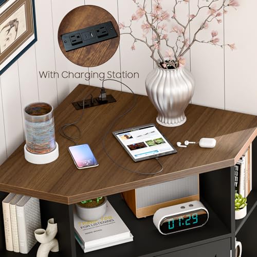 Image of Halitaa Corner Storage Cabinet, Farmhouse Corner Bookshelf with Storage 6-Cubby Wooden Cabinet with USB Ports and Outlets Industrial Organizer for Small Space, Study, Playroom, Black and Brown