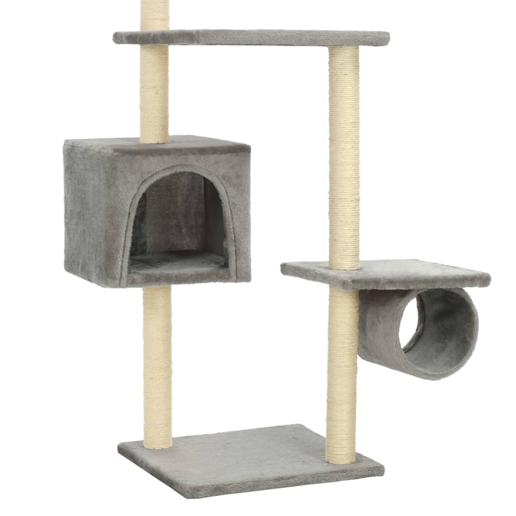 Deckenhoher Kratzbaum 260 cm Grau mit Sisal-Kratzsäulen | Kletterturm fürs Wohnzimmer mit kuscheliger Katzenhöhle, zwei Spieltunneln und robusten Sisalstämmen zur Krallenpflege.