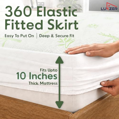 Image of Lukzer 100% Waterproof Natural Bamboo Mattress Protector Queen Size 72 inch x 60 inch inch | 360 Elasticated fit, Breathable, Hypoallergenic, Noiseless, Ultra-Soft Fitted Bed Protector /Deep Pocket Bed Cover