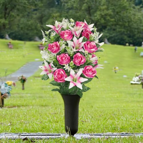 Briful Artificial Flowers for Cemetery, Cemetery Flowers for Grave, Weather Resistant Cemetery Flowers for Vase, Large Sympathy Grave Floral Arrangement with Roses Lily Flowers by Briful - Image 4