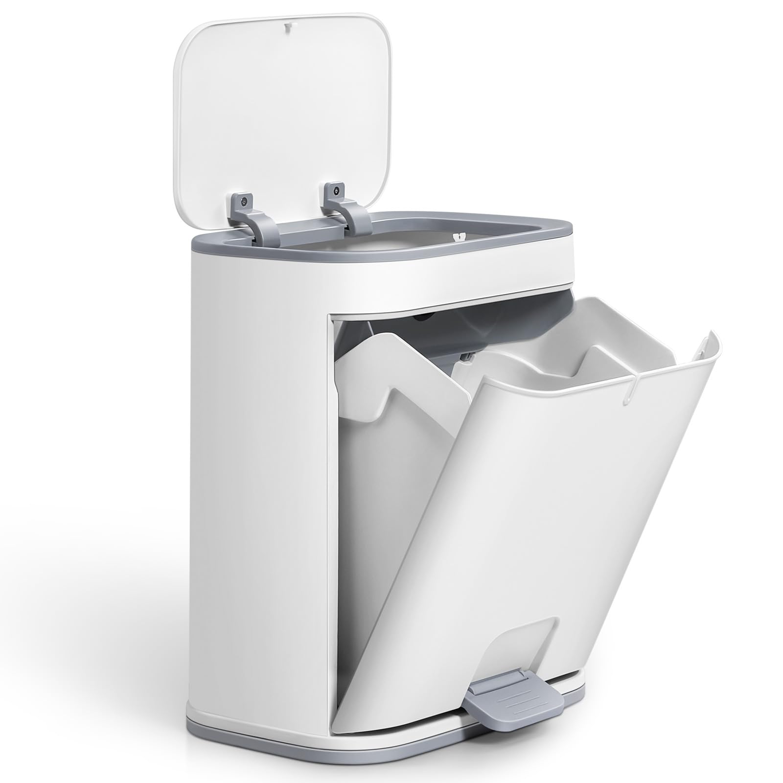 Warmiehomy Pedal Bins 12L Trash Can with Lid Double Open Detachable Small Waste Bin Plastic Recycle Rubbish Bin with Fixing Hole Garbage Bin for Kitchen Bathroom Bedroom Office，Grey